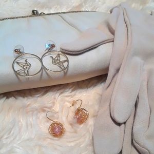 Crane and Nest Hanging Earrings Set of Two Gold Toned